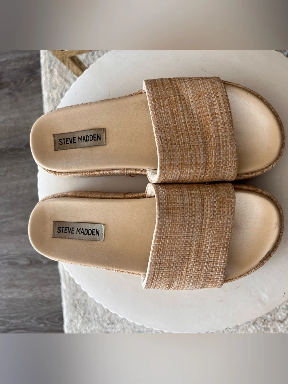 Steve Madden Beige Woven Platform Slide Sandals